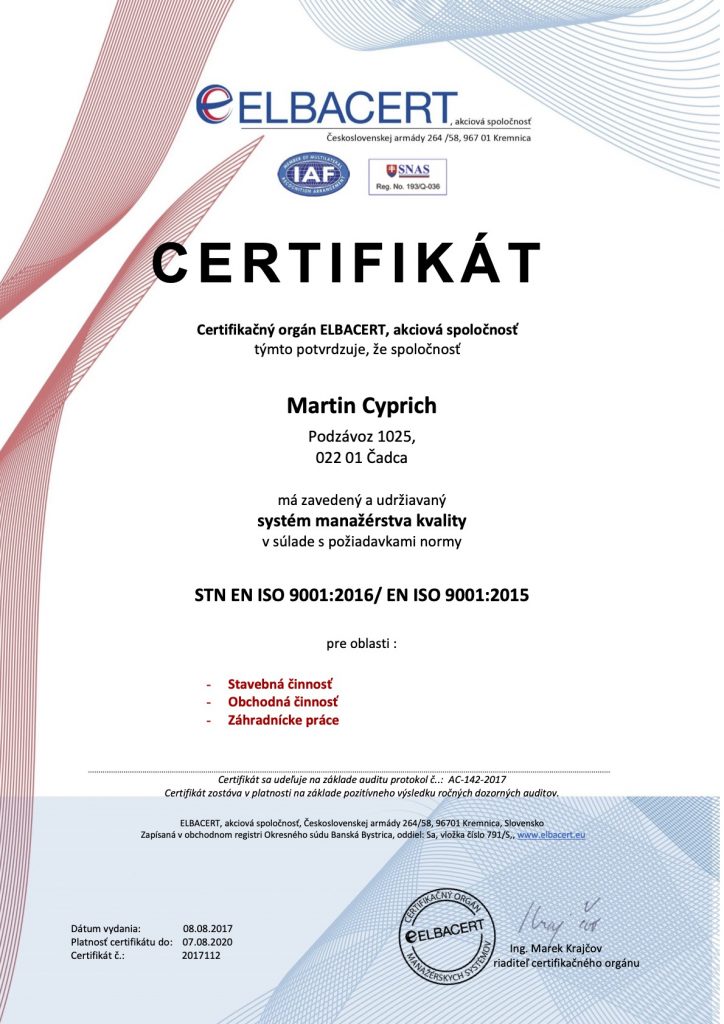 Cyrich 9001 certifikat slov 2017 SNAS
